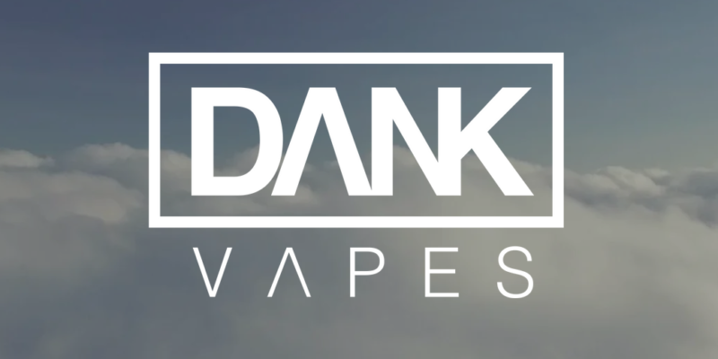 Dank Vape logo against cloudy sky, featuring various flavors like La Confidential, King Louie, and Sour Apple